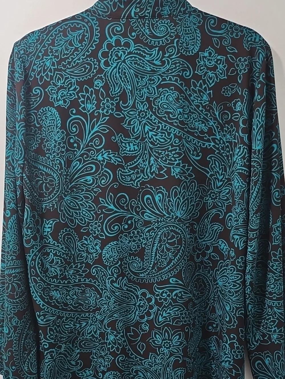 Susan Graver Paisley Pin Tuck Tunic Blouse Sz Medium Brown Teal Boho V-Neck